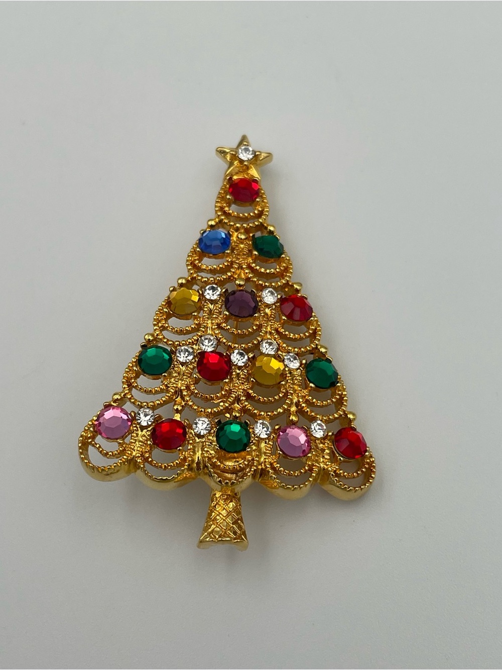 Eisenberg Ice Christmas Tree Gold Tone Rhinestone Brooch